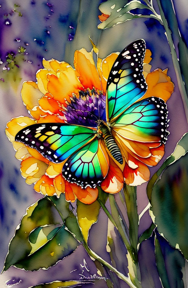 Colorful watercolor painting of butterfly on orange flower