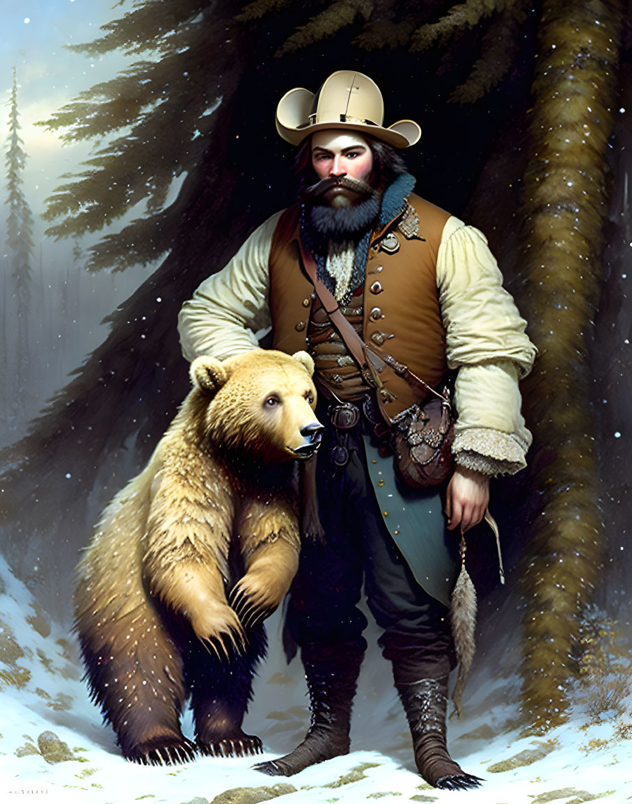 Frontier-themed man and bear in snowy forest scene