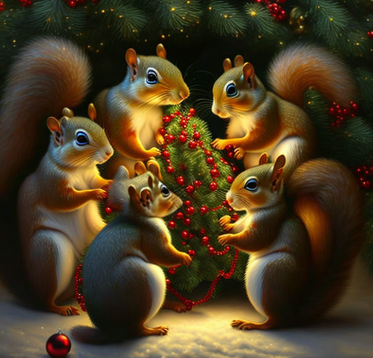 Five squirrels around small decorated pine tree with glowing lights in dark setting