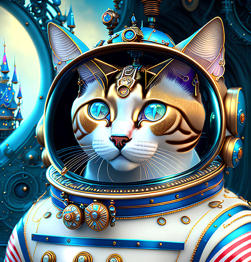 Detailed Illustration: Cat with Blue Eyes in Steampunk Astronaut Helmet