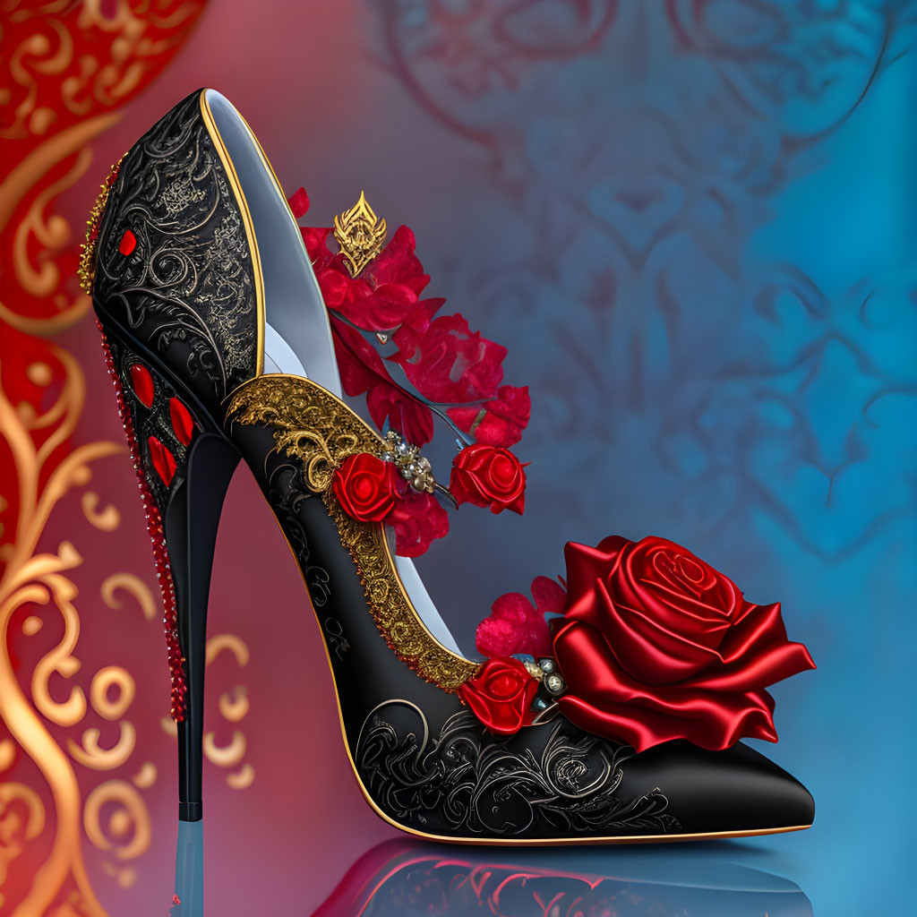 Black High-Heeled Shoe with Gold and Red Details on Blue Gradient Background