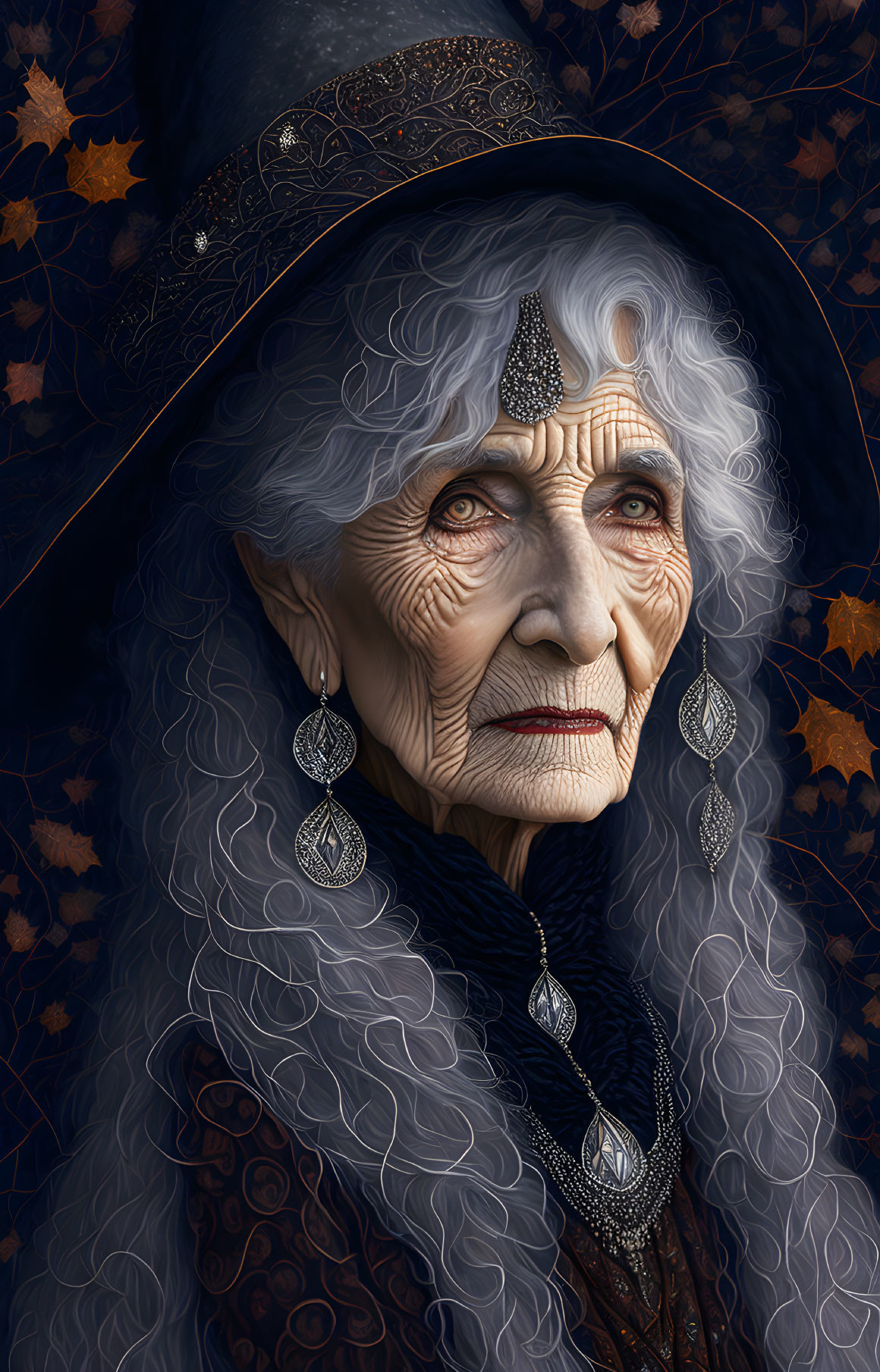 Elderly woman in witch's hat with blue eyes among autumn leaves