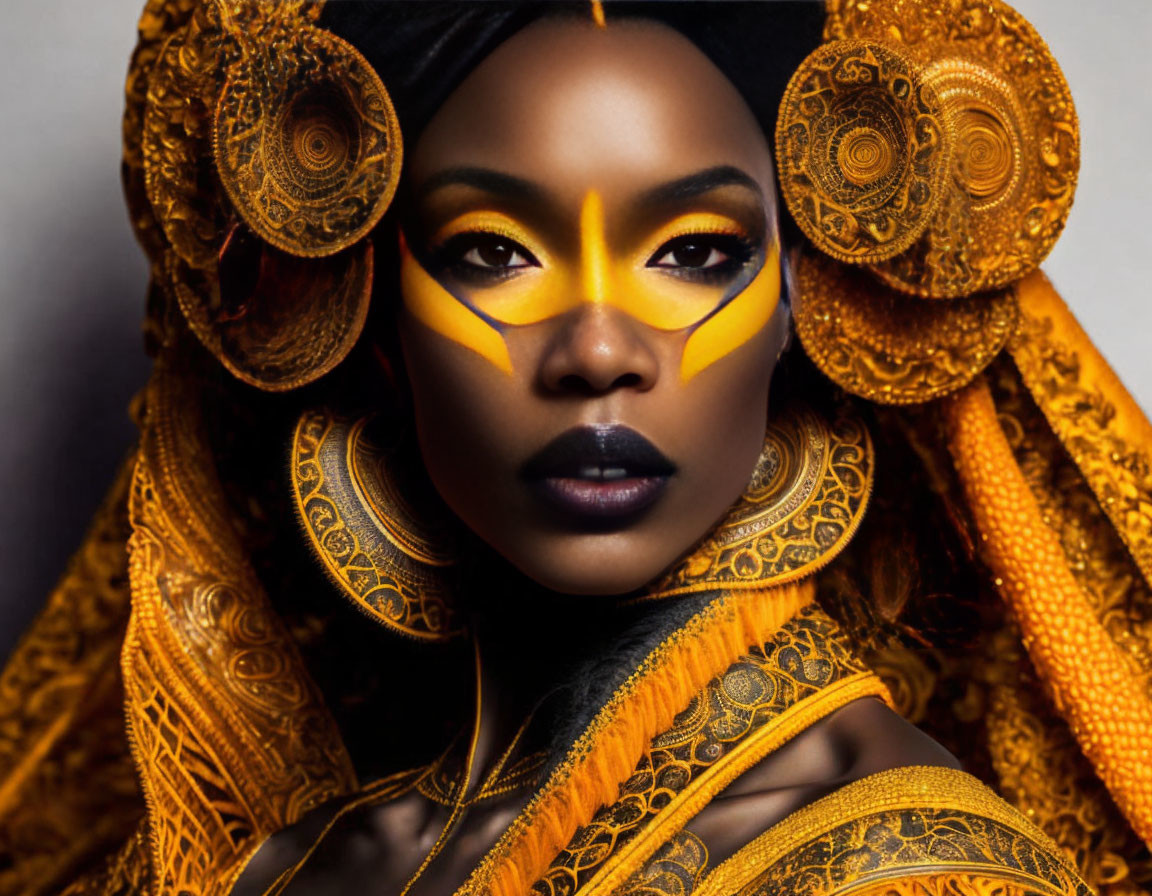 Woman in yellow and black face paint with golden headdress and ornate garments.