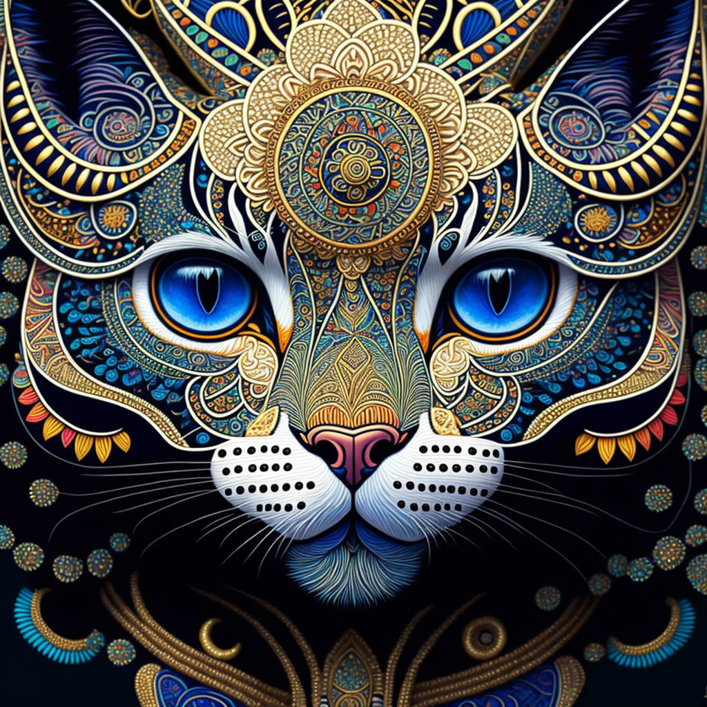 Colorful Stylized Feline Face with Mandala Patterns on Dark Background