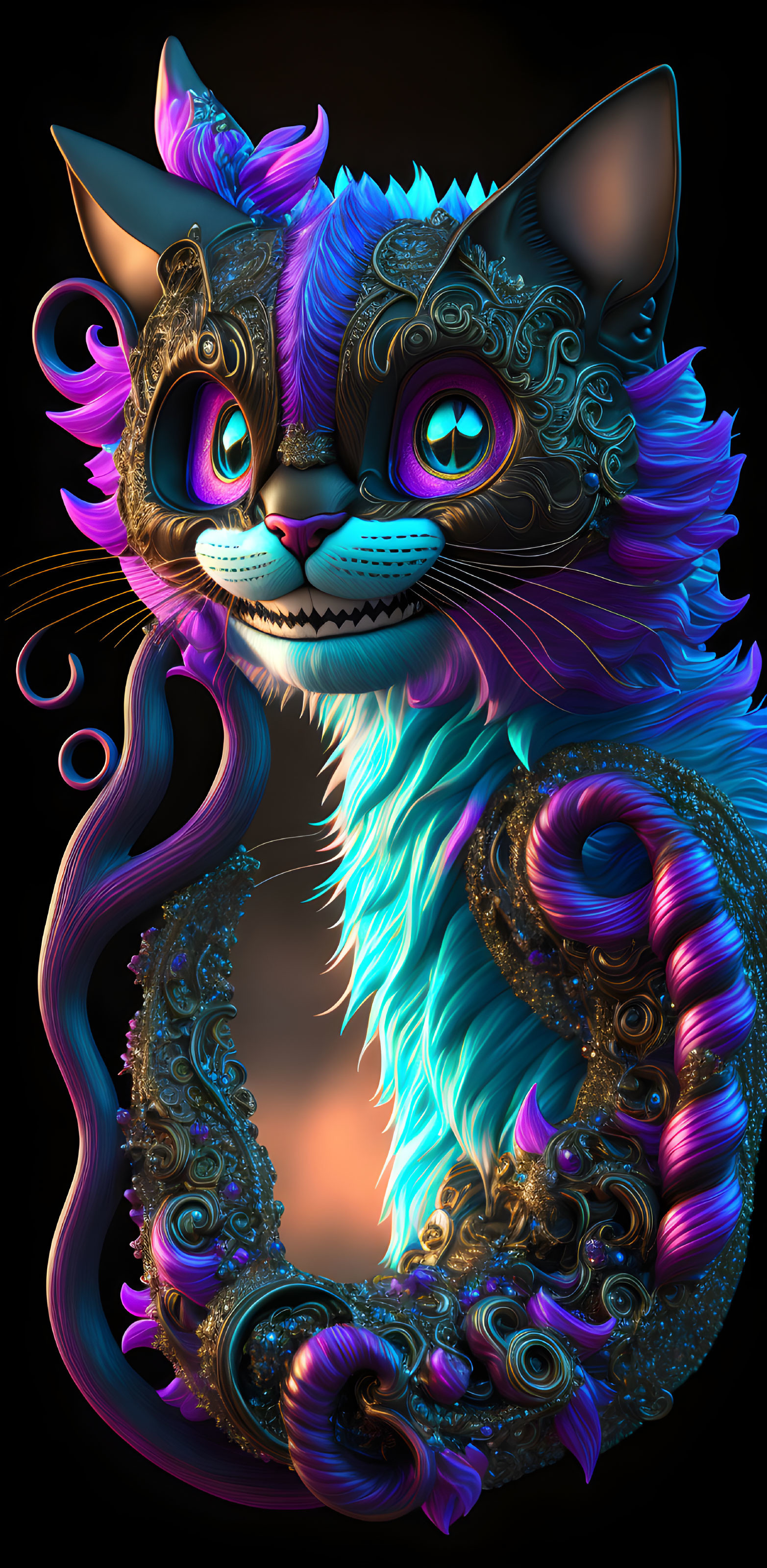 Fantasy cat with blue and purple fur and intricate patterns