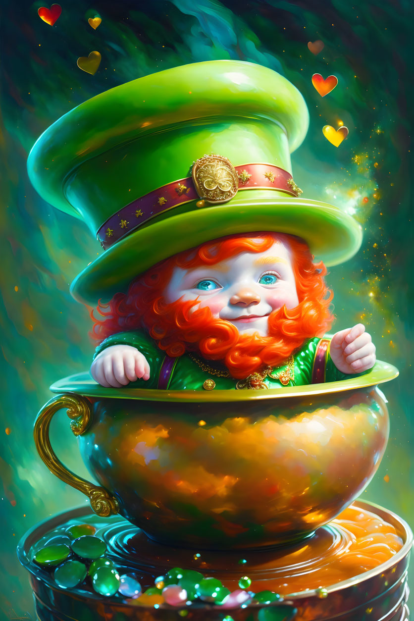 Illustration of ginger-haired leprechaun in golden pot with hearts background