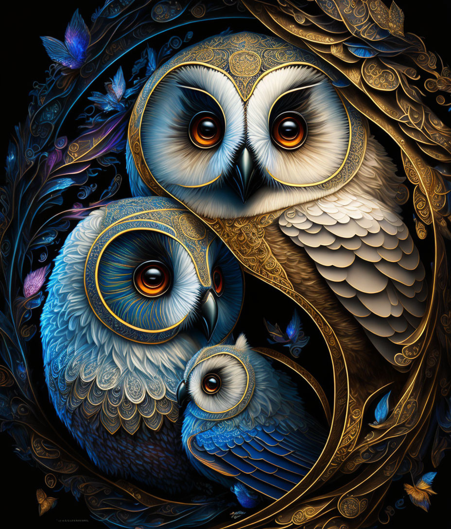 Detailed digital artwork: Two stylized owls in vibrant blue feathers with ornate golden accents on a