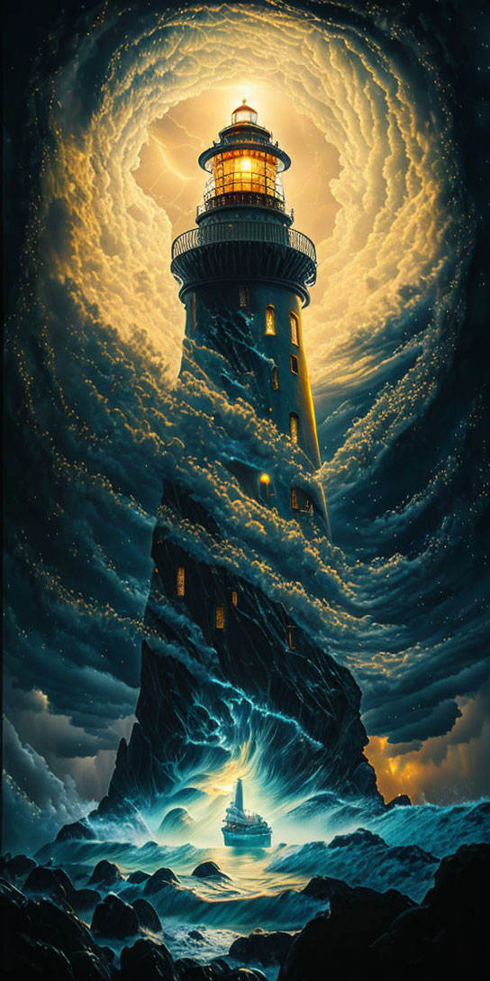 Surreal lighthouse on rocky island with swirling clouds and starry sky