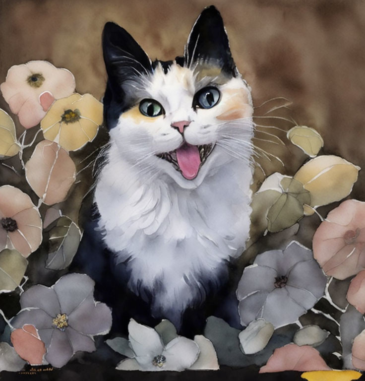 Calico Cat Watercolor Painting with Green Eyes and Flowers