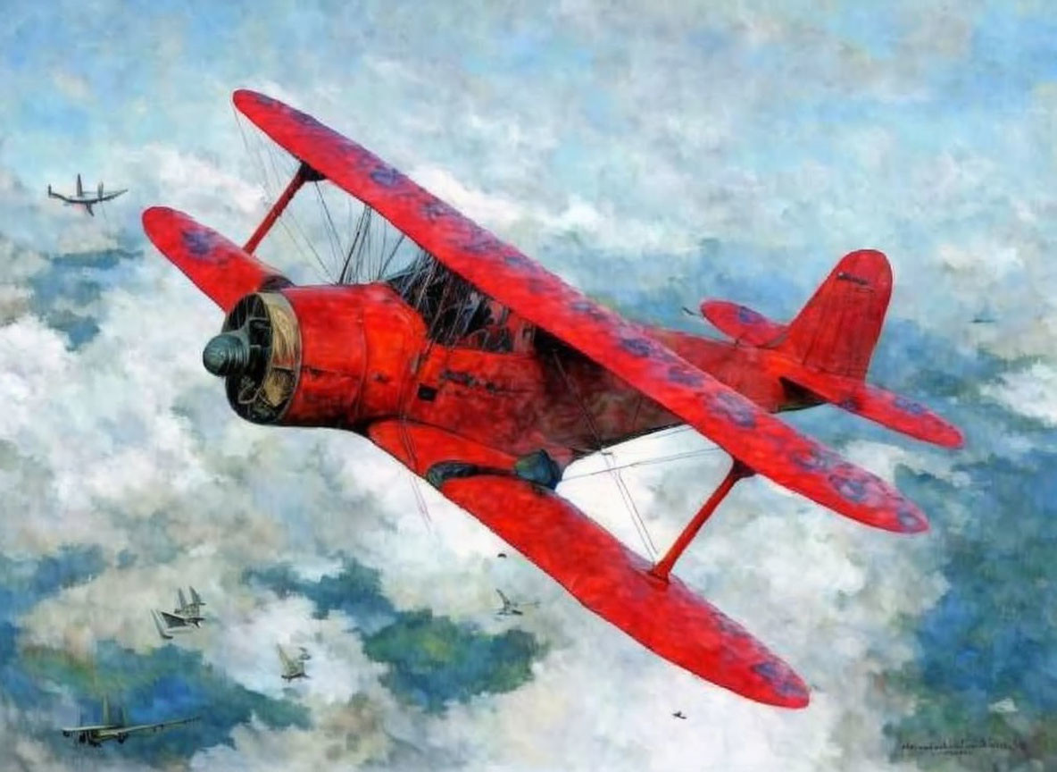 Red Biplane Flying in Clouds with Other Aircraft in Early 20th-century Aerial Scene