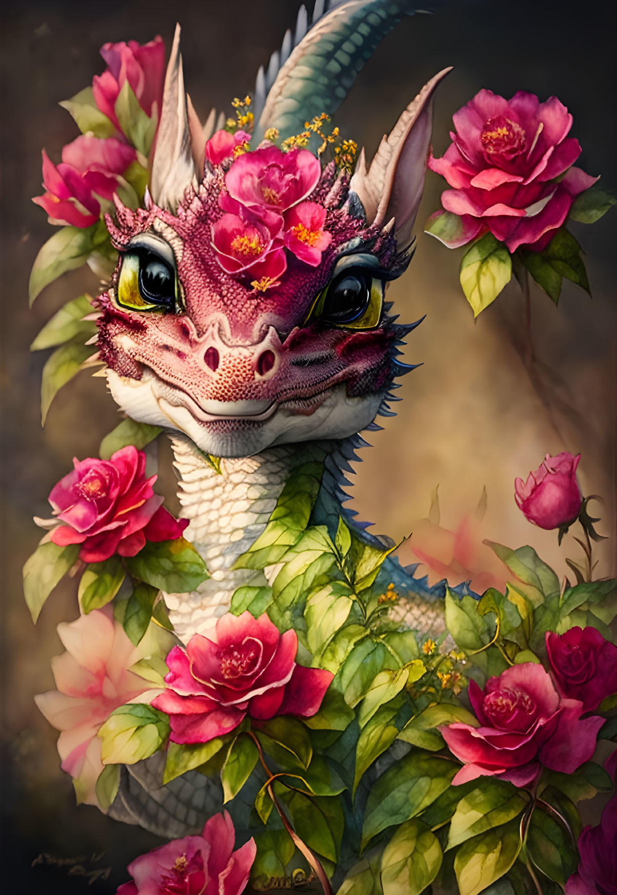 Whimsical dragon with pink scales in a garden scene