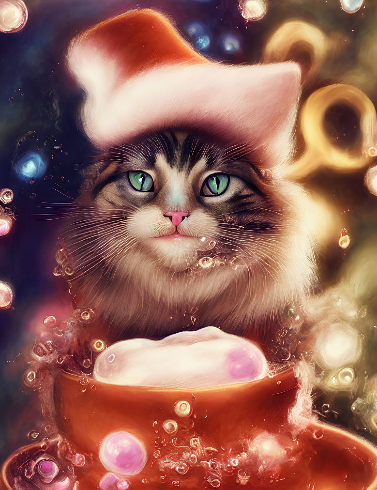 Whimsical digital painting of fluffy cat in Santa hat submerged in bubbly beverage