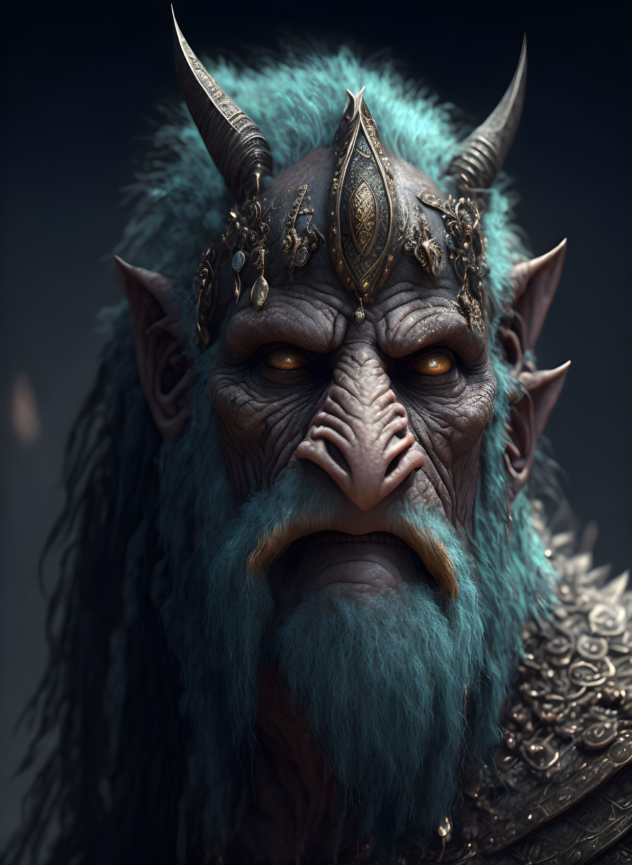 Blue-furred fantasy creature with large horns and decorated forehead plate