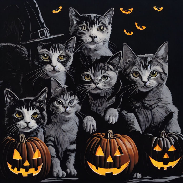 Five cats with striking eyes around carved pumpkins and witch's hat, with flying bats.