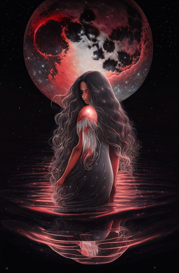 Illustration of woman with flowing hair holding heart under red moon