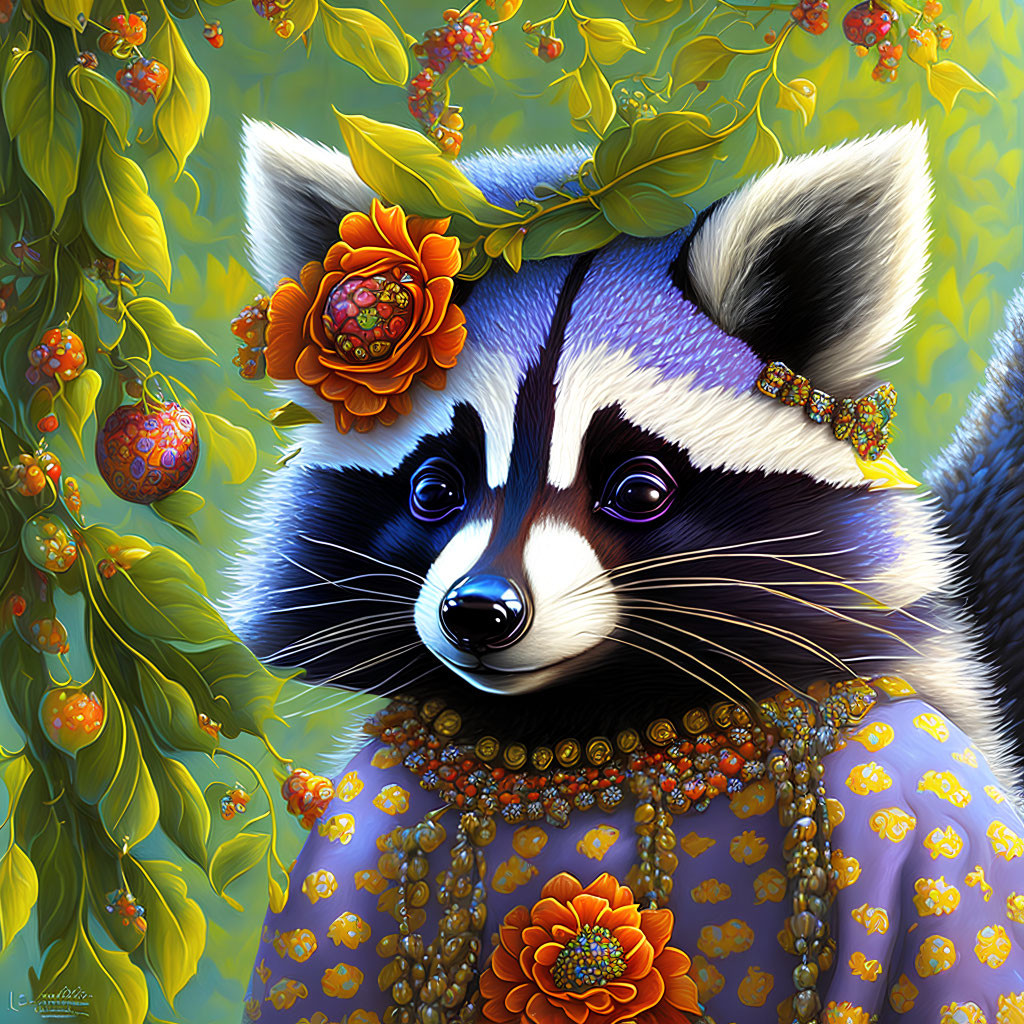 Illustration of anthropomorphic raccoon with floral headpiece in lush setting