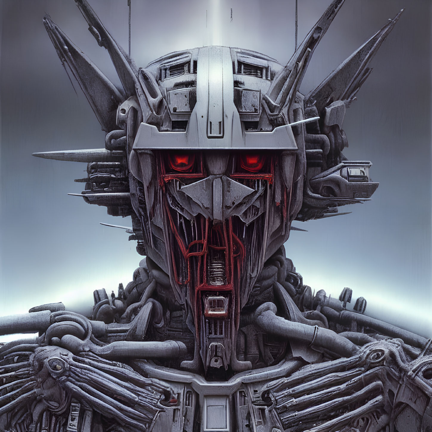 Intricate robotic head with glowing red eyes and complex mechanical components.