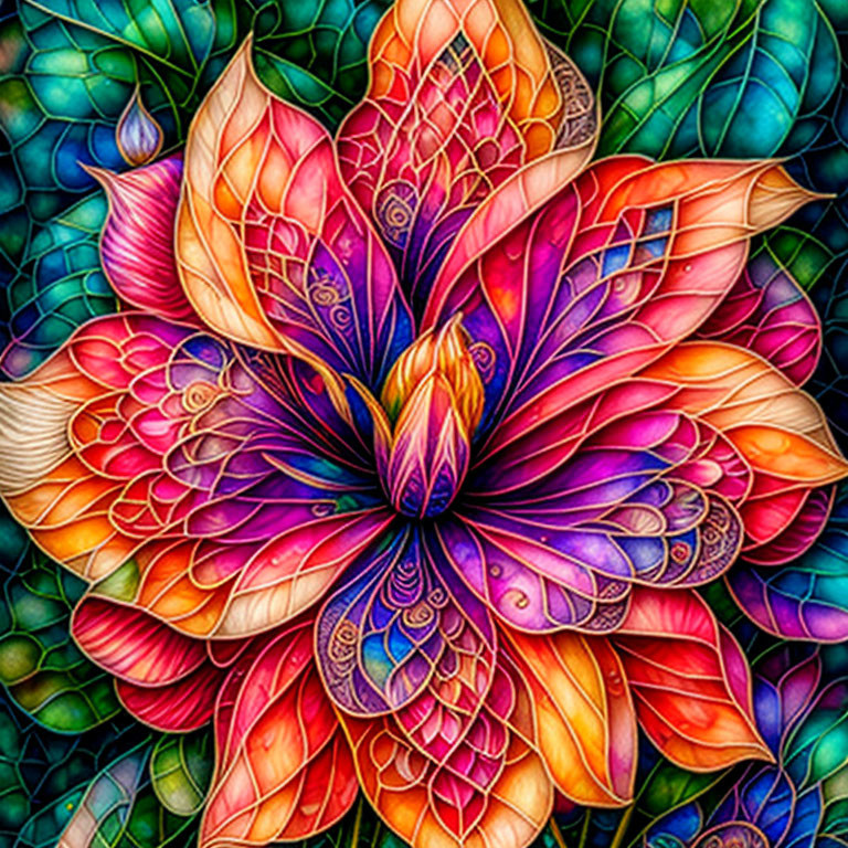 Vibrant blooming flower with intricate stained-glass patterns