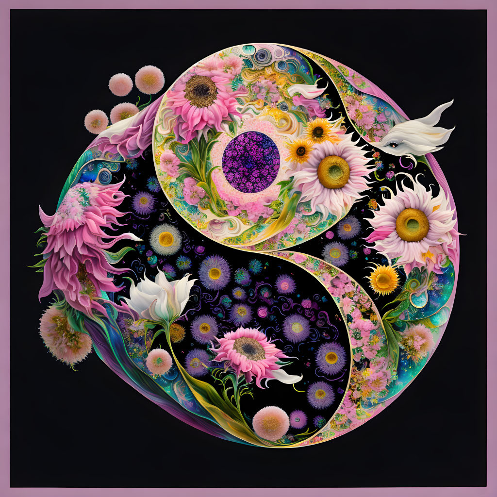 Colorful Floral Yin Yang Symbol Artwork with Detailed Flowers