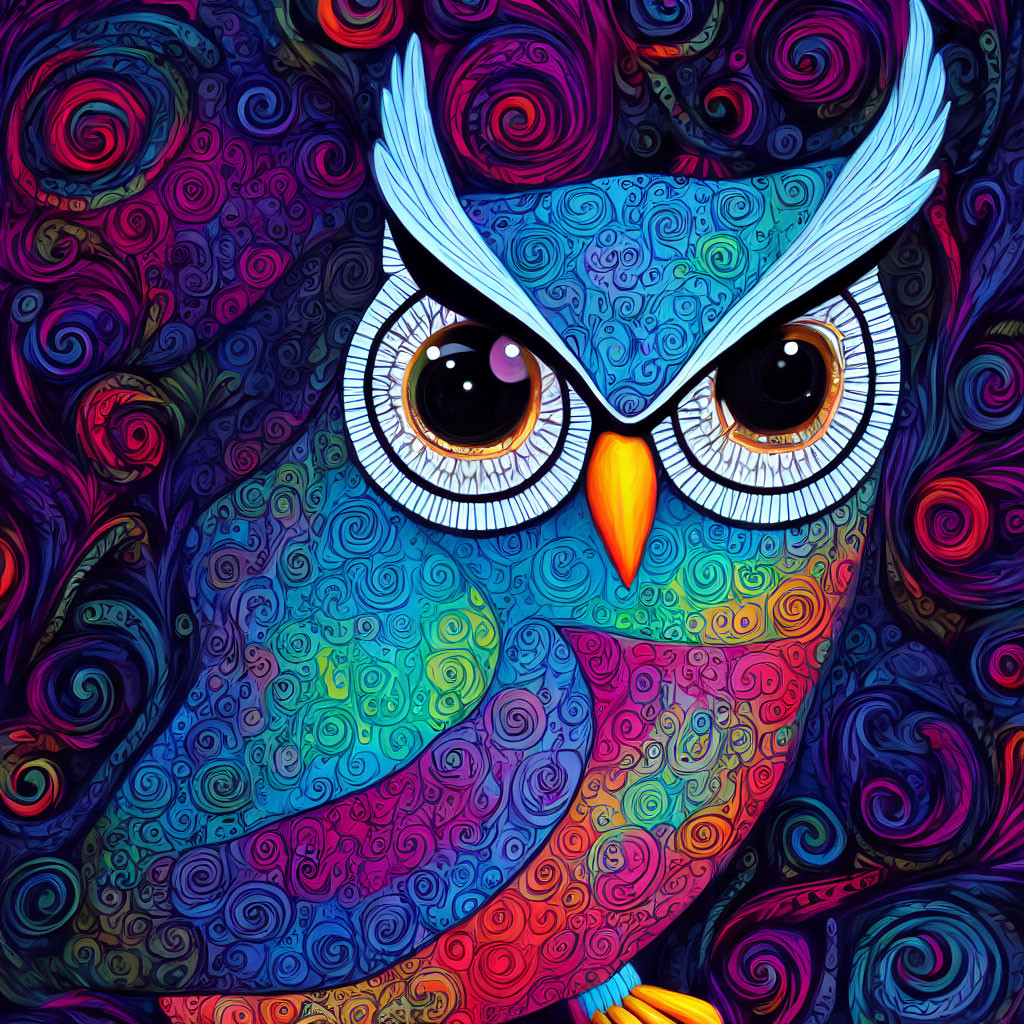 Colorful Stylized Owl Illustration with Swirling Designs and Intense Gaze