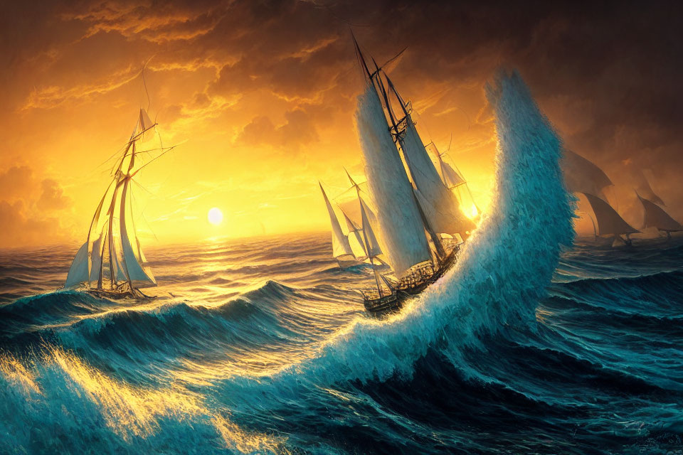 Sailing ships in dramatic sunset ocean scene