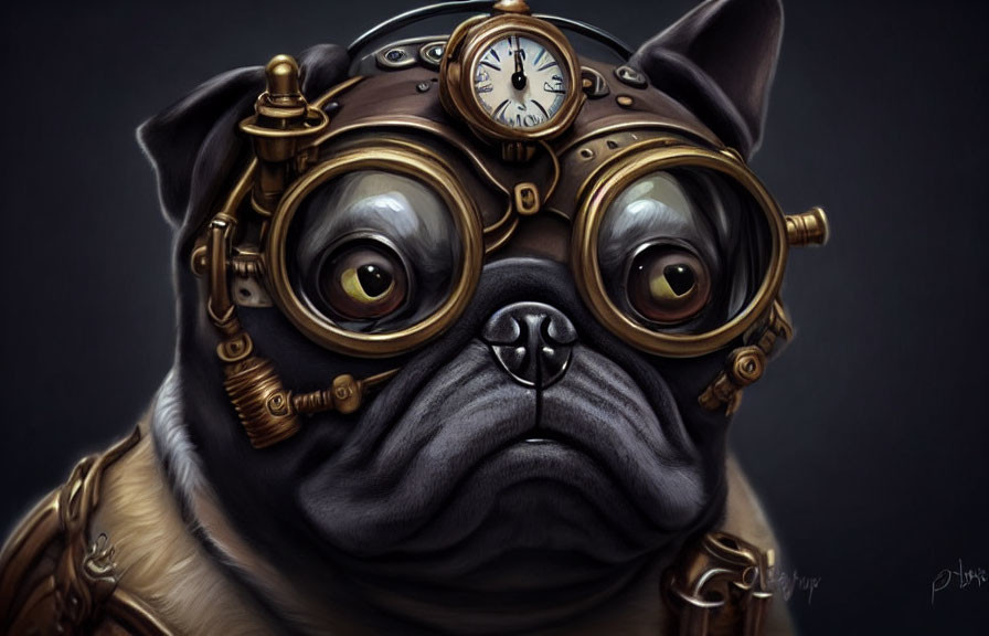 Steampunk-style pug digital artwork with clock and brass details