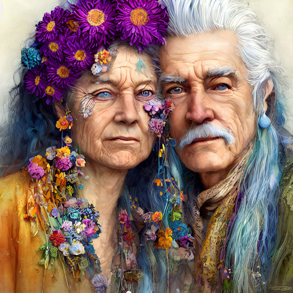 Elderly couple with colorful flowers in hair sharing affectionate moment