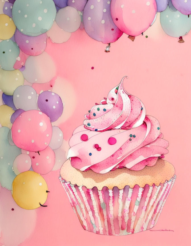 Colorful Cupcake Illustration with Sprinkles and Smiling Balloons