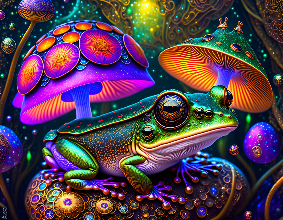 Colorful Digital Artwork Featuring Stylized Frog Among Psychedelic Mushrooms