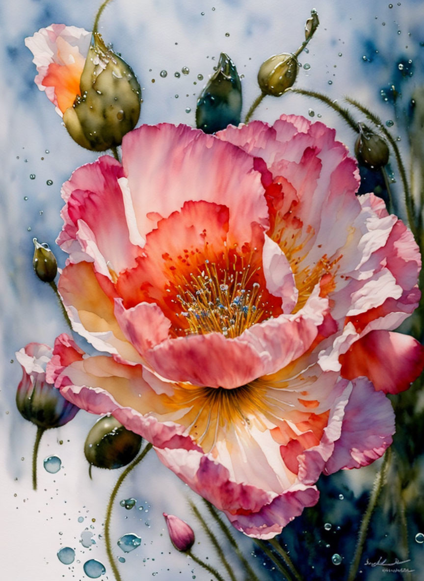 Detailed Painting of Pink and White Poppy with Water Droplets on Blue Background