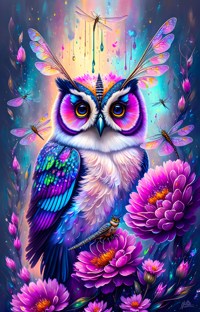 Colorful owl surrounded by flowers, dragonflies, and gecko under starry sky