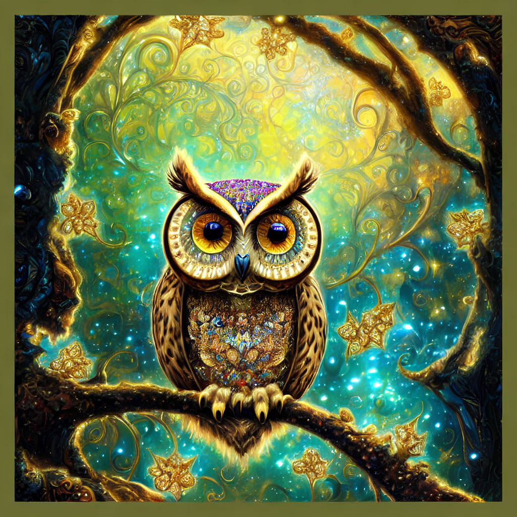 Fantastical owl on twisted branch in starry backdrop