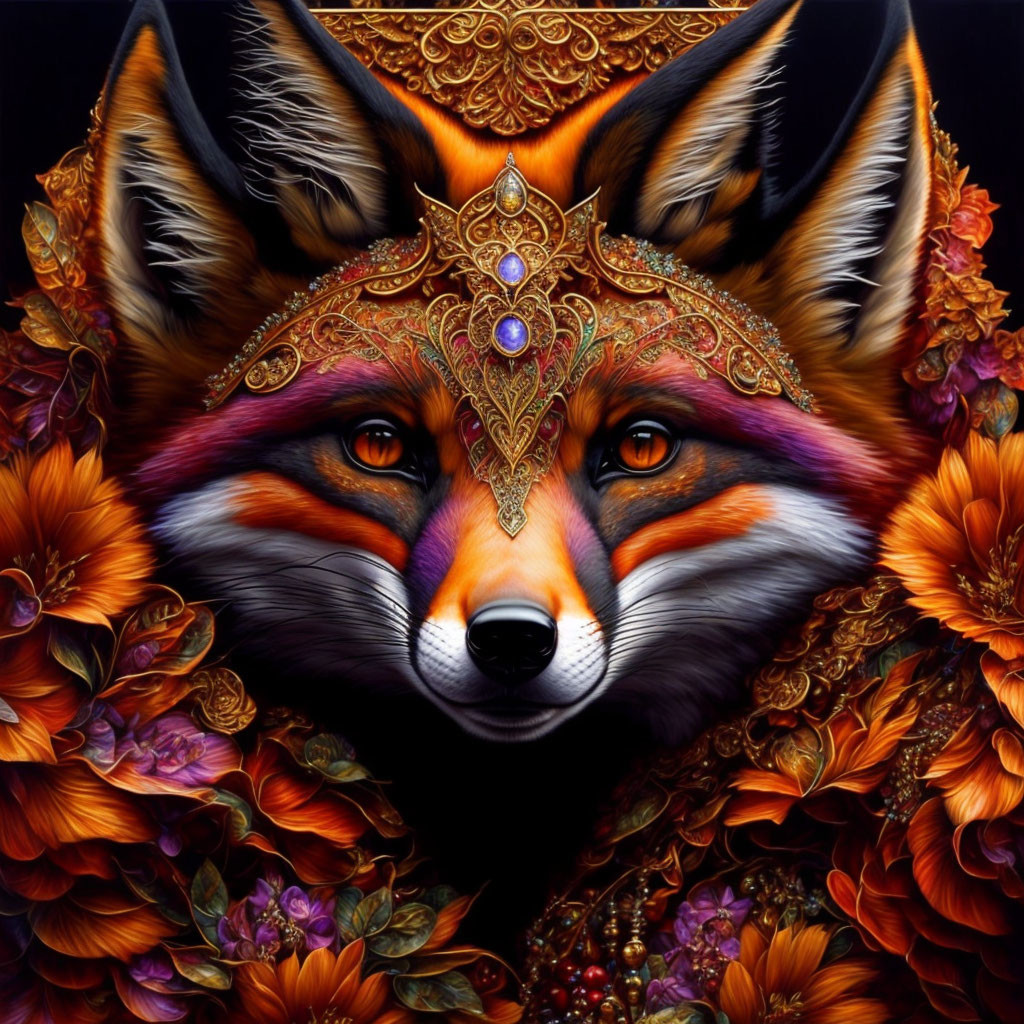 Colorful Fox Illustration with Jewel-Encrusted Headpiece and Orange Flowers