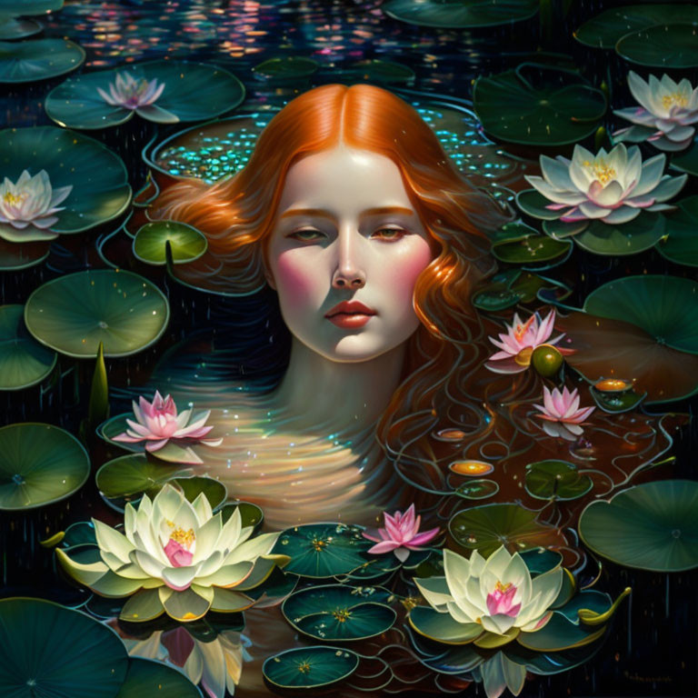 Woman's face in pond with water lilies under starry sky