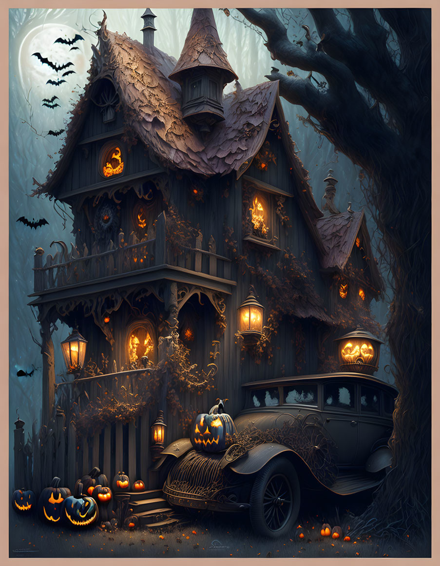 Spooky Halloween illustration with haunted house, bats, and vintage car