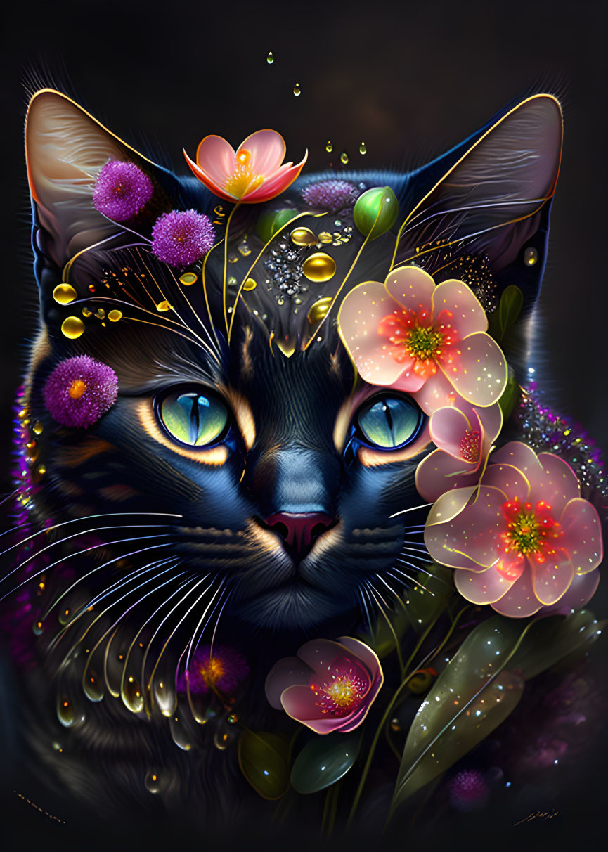 Colorful cat illustration with blue eyes and flowers on dark background