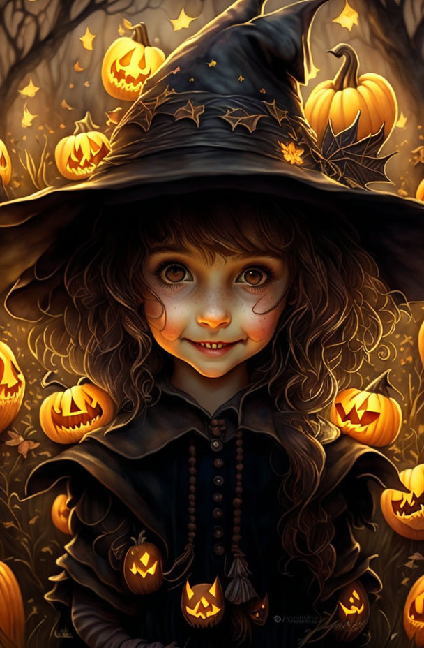 Young girl in witch costume among jack-o'-lanterns and autumn leaves