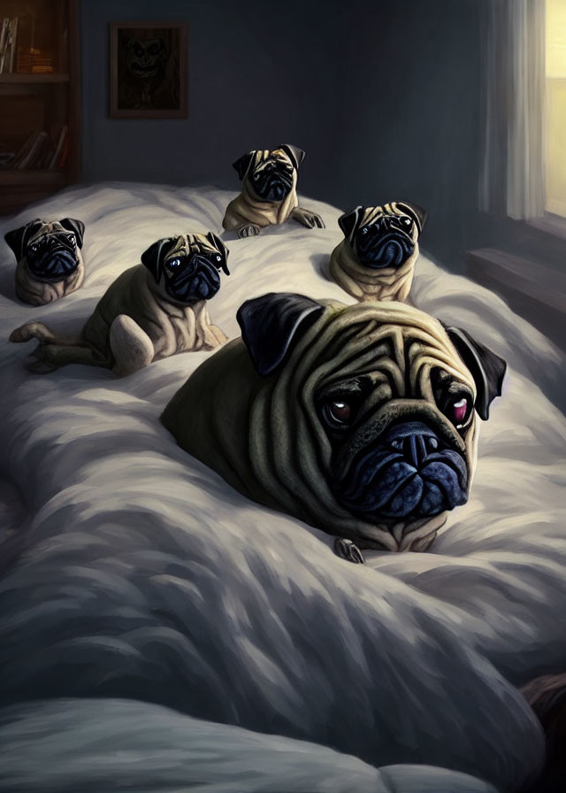 Five expressive pugs on bed, one in foreground, soft bedroom lighting