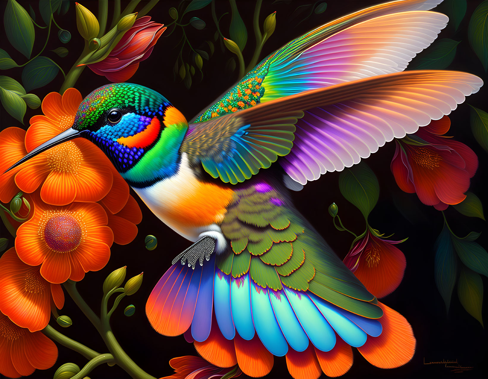 Colorful hummingbird digital artwork with orange flowers and dark background