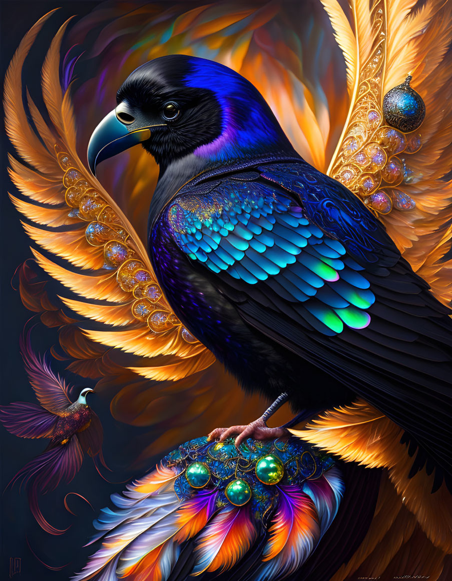 Majestic raven with iridescent feathers perched on ornate jewels beside tiny bird and