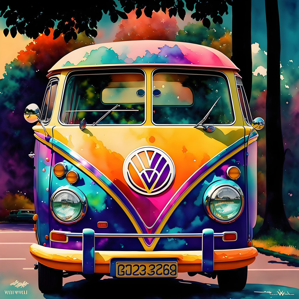 Colorful Volkswagen bus with psychedelic paint job in autumn setting