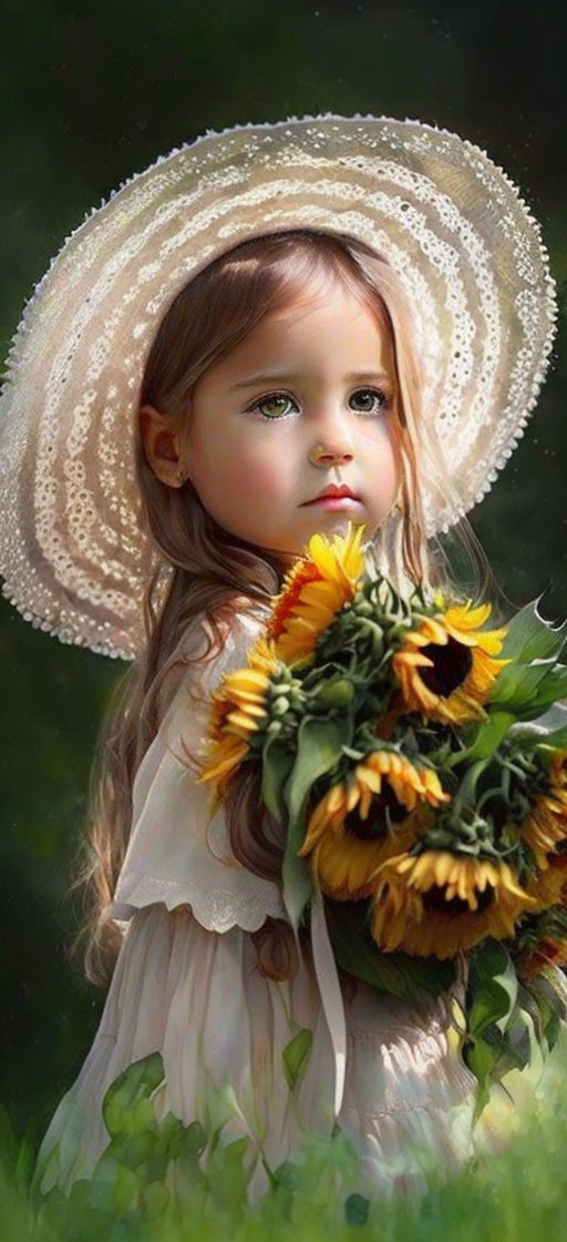 Young girl with long brown hair holding sunflowers in lace-edged hat.