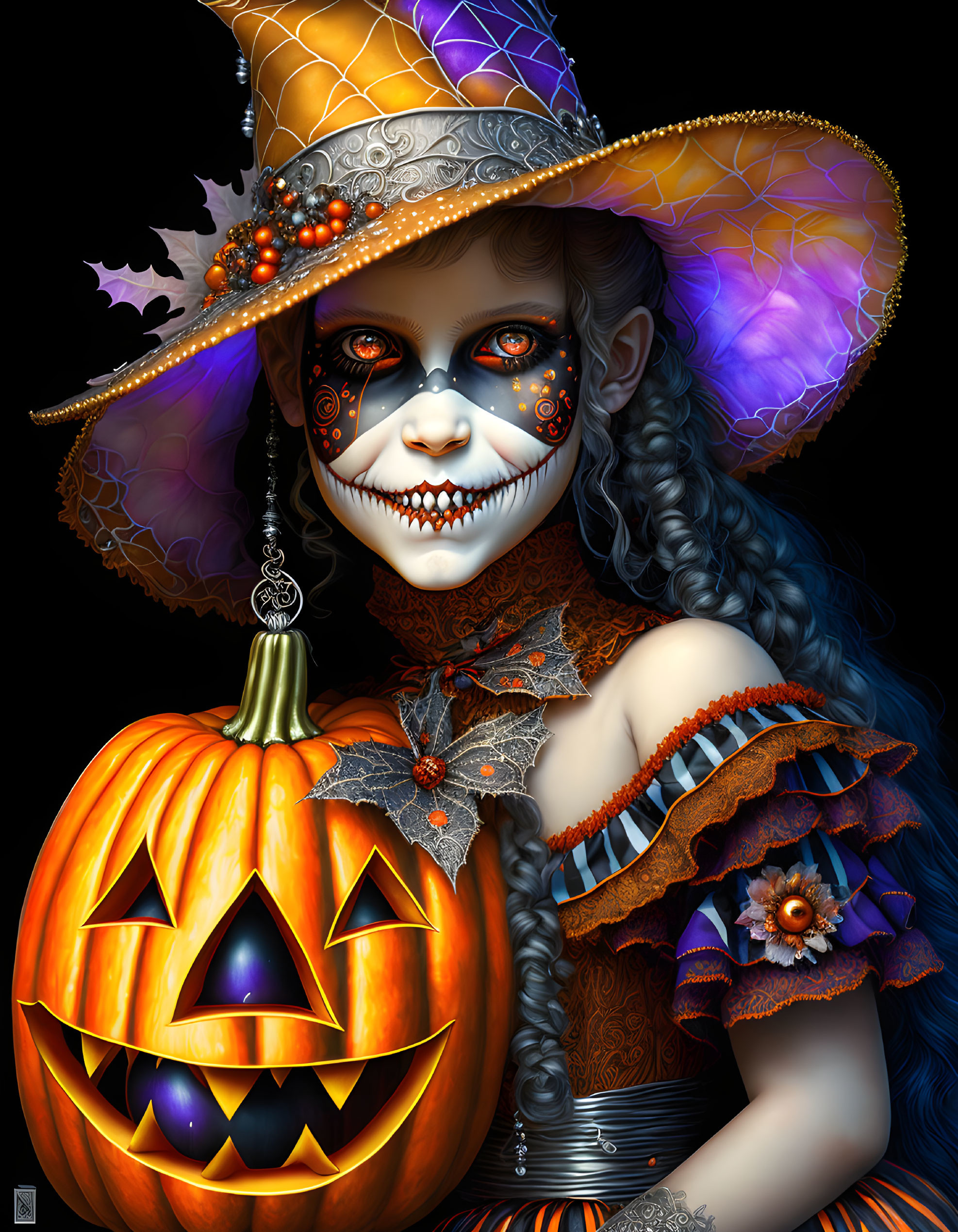 Smiling girl in Halloween witch costume with pumpkin