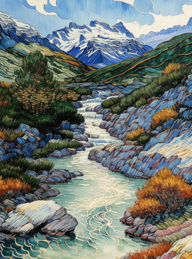 Vibrant mountain landscape with river: sharp contours, tapestry-like texture