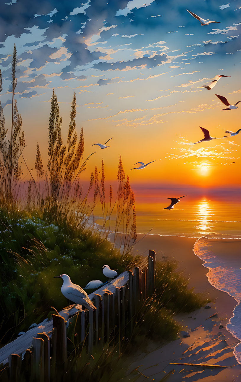 Tranquil sunset beach scene with seagulls, tall grass, wooden fence, and vibrant orange