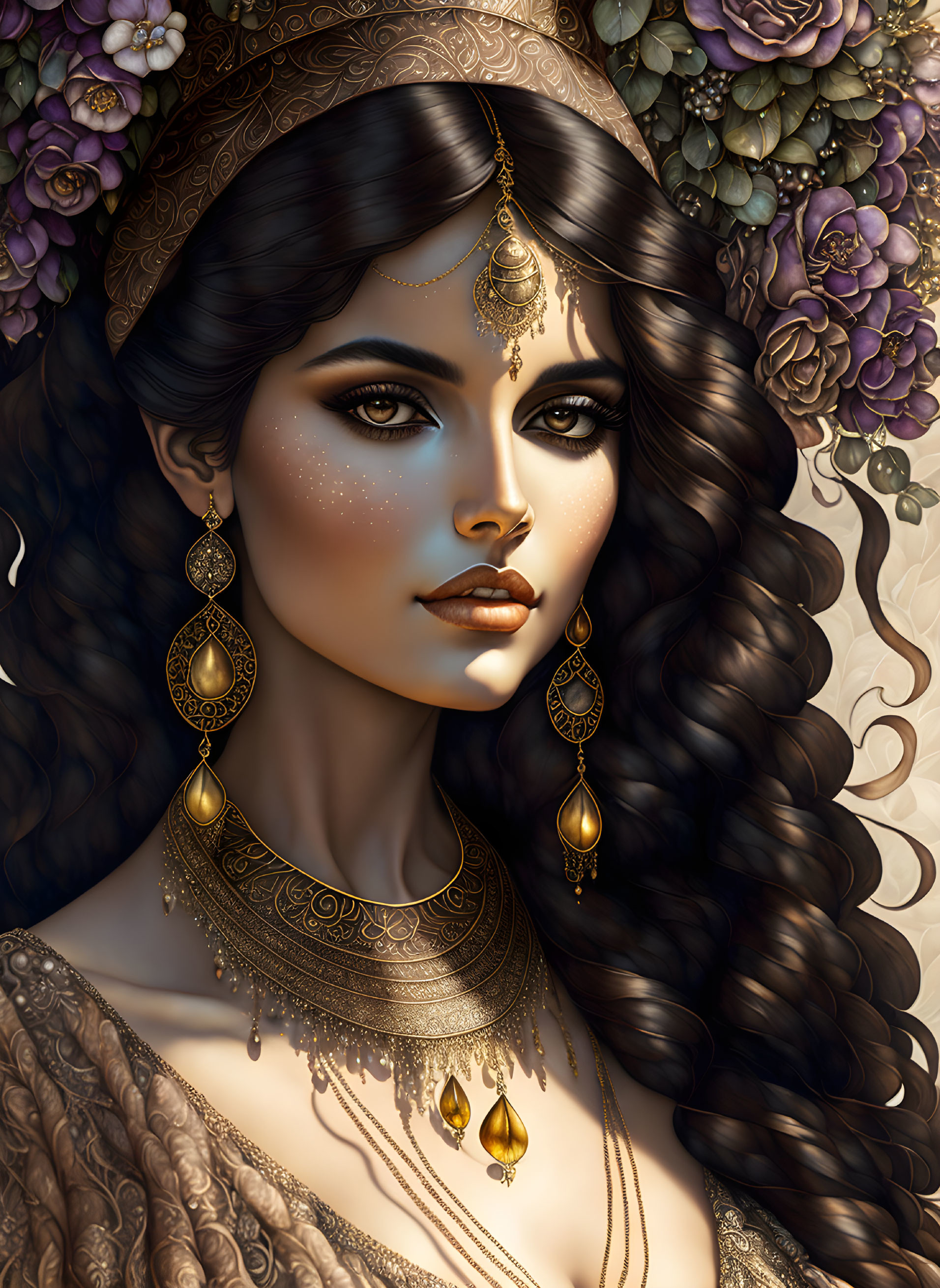 Illustrated woman with deep brown eyes and ornate gold jewelry on floral background