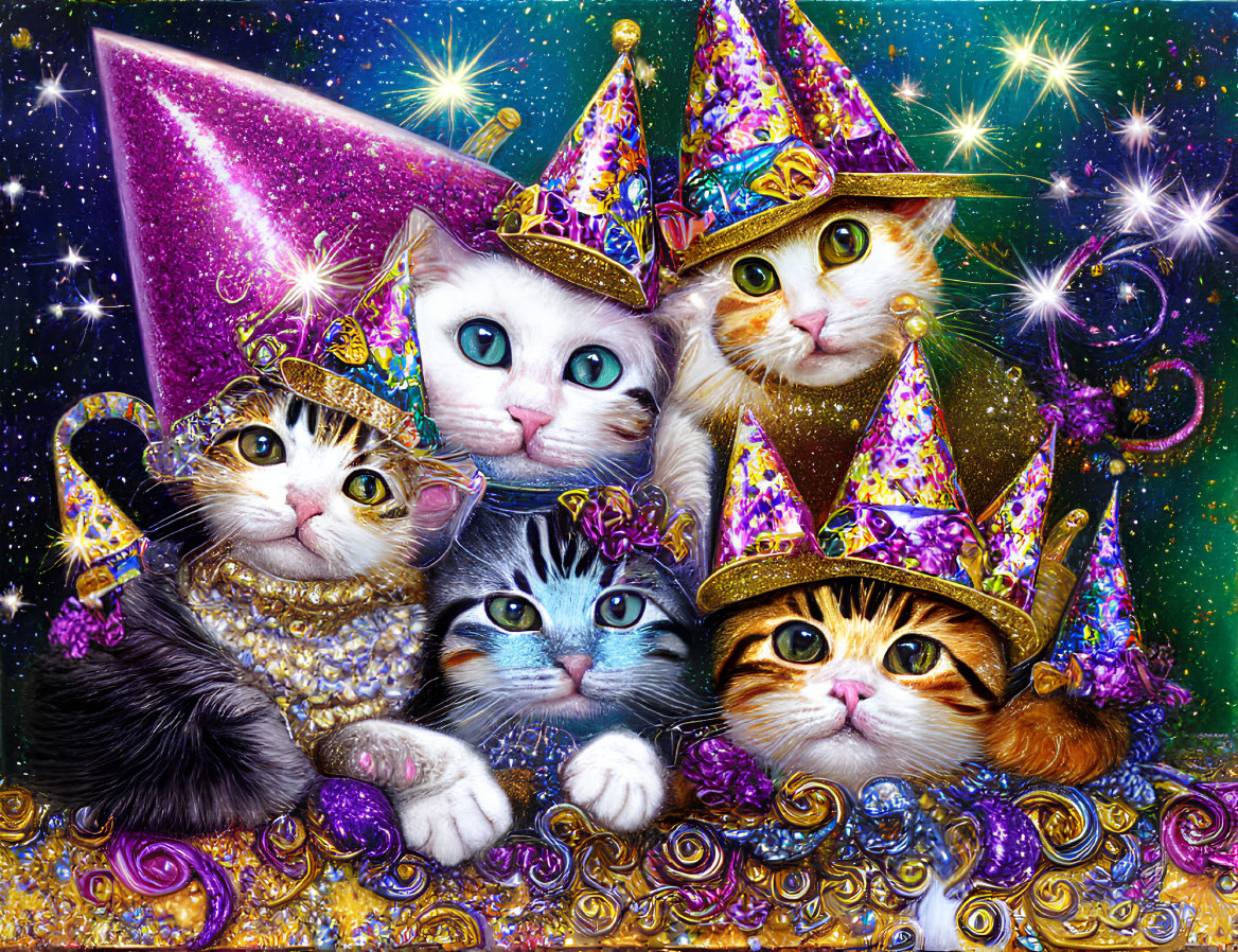 Five Cats in Sparkling Wizard Hats Surrounded by Magical Glitters