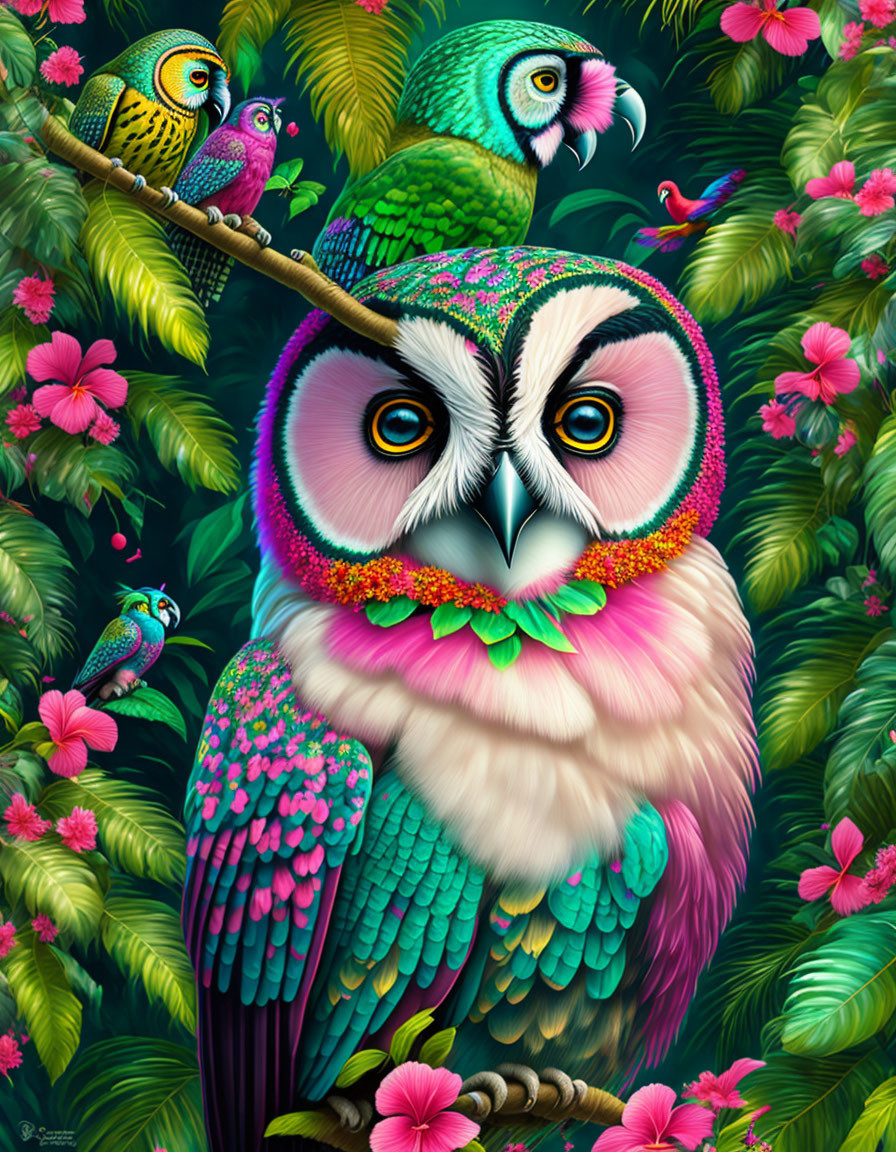 Colorful Owl Illustration with Tropical Foliage and Birds