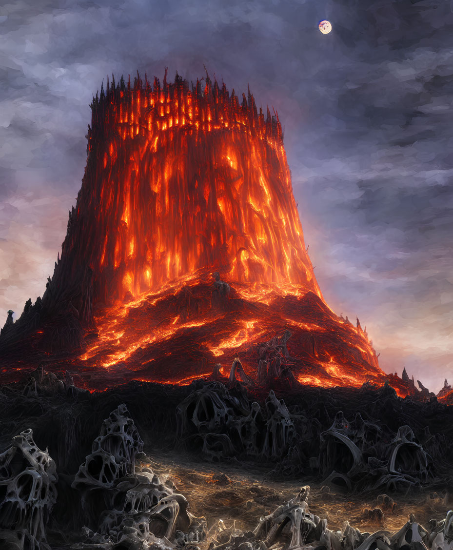 Volcano eruption spewing lava in moonlit desolate landscape