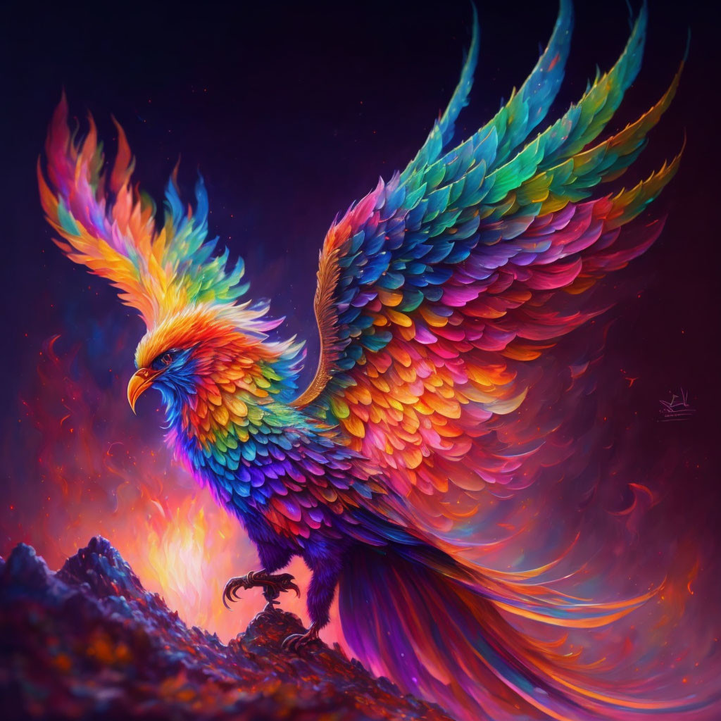Colorful Phoenix with Luminous Feathers on Fiery Background